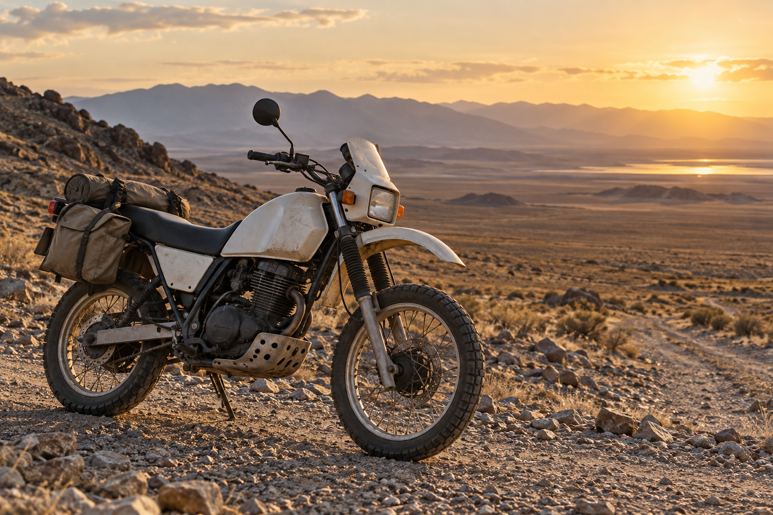 A classic-style adventure motorcycle on a rocky track