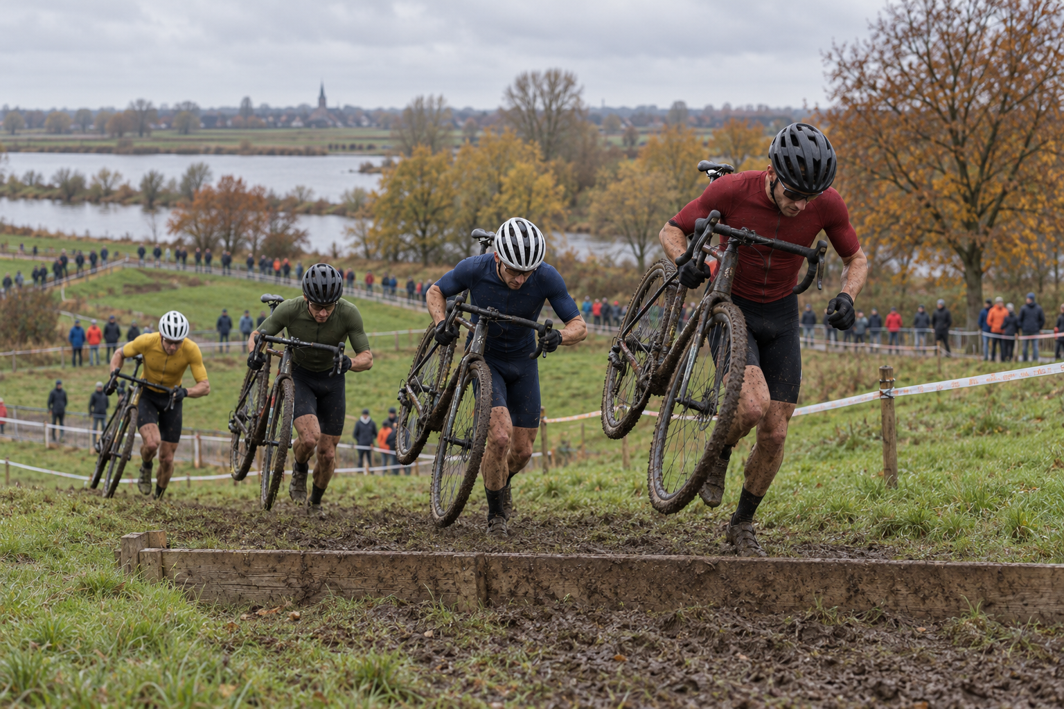 Cyclo-cross riders carrying bicycles up a muddy hillside