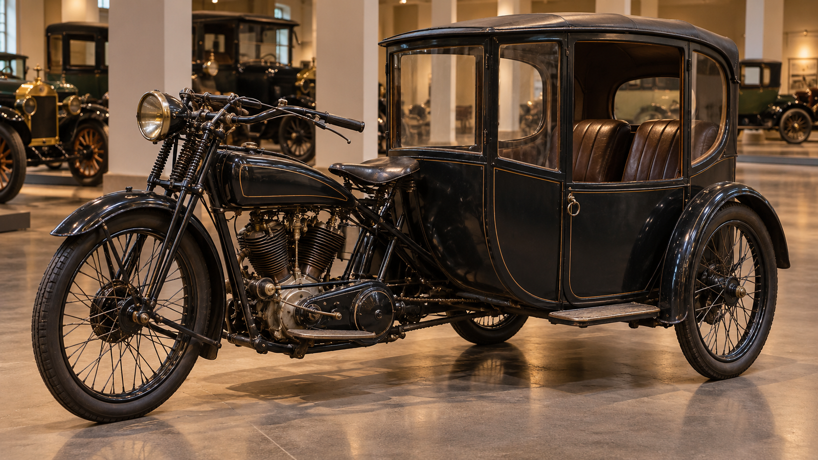 Period-style motorcycle with an enclosed passenger sidecar