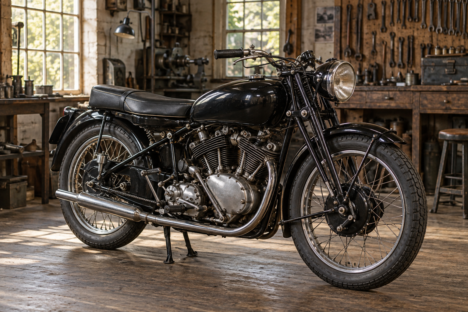 Illustrative scene: a postwar-style V-twin motorcycle in a workshop.