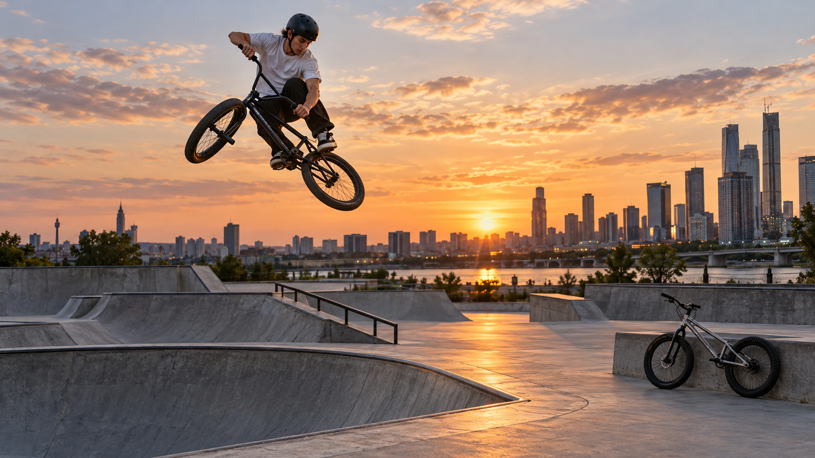 Велосипедист BMX тренирует прыжок в городском велопарке