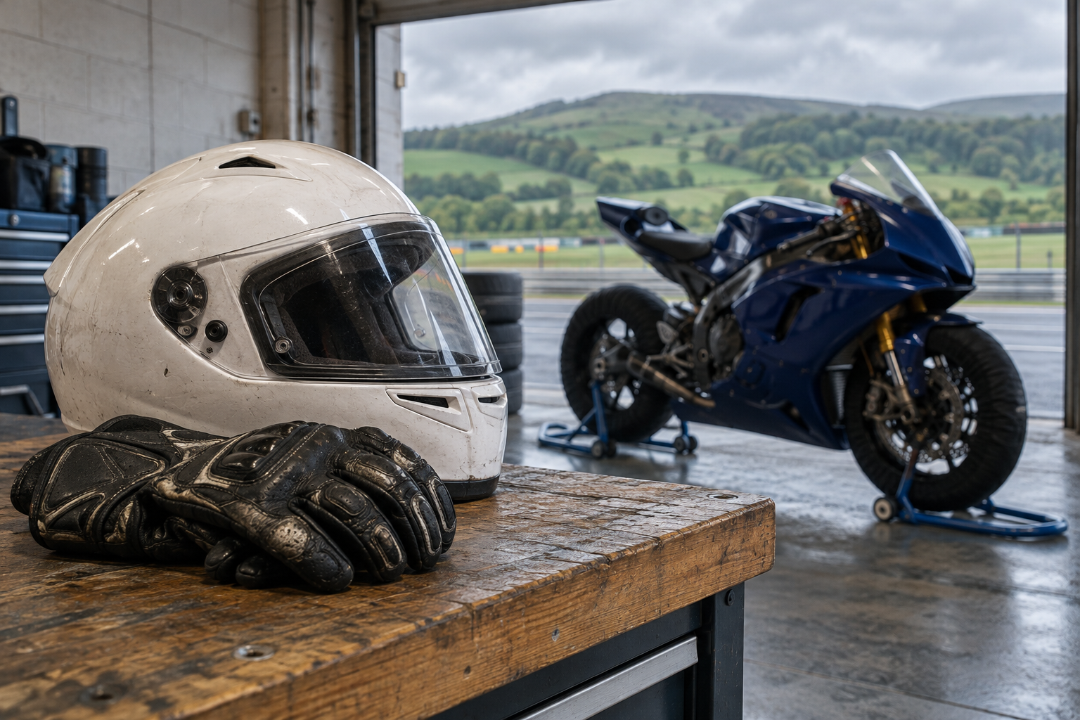 A helmet and gloves in a race garage with a motorcycle behind them — an illustrative image.