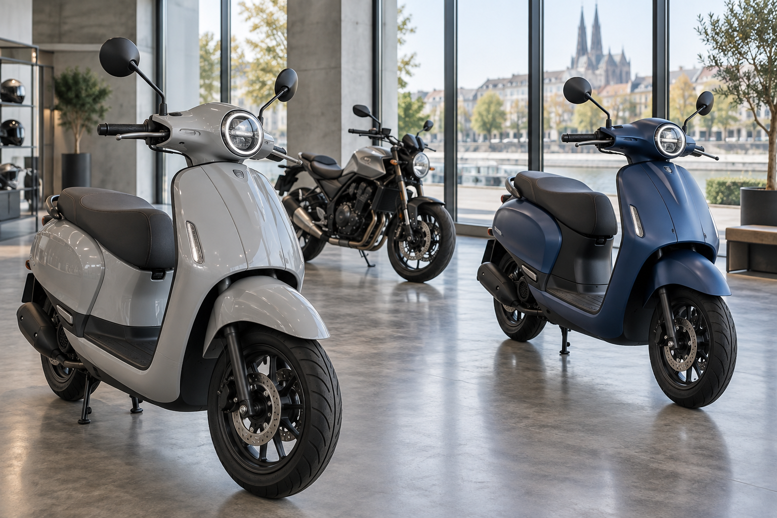 Motorolleri un motocikls gaišā tirdzniecības salonā