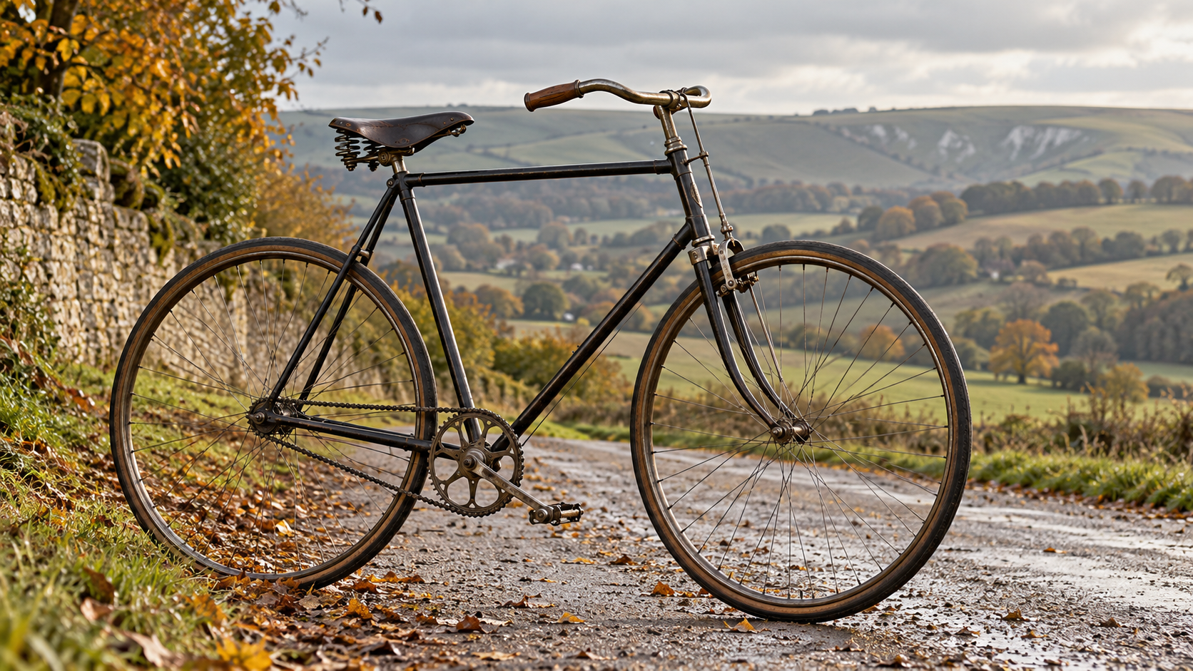 A historic safety bicycle on a country road in autumn