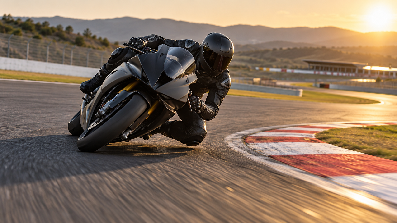 A sport motorcycle rider leaning through a corner on a racing circuit