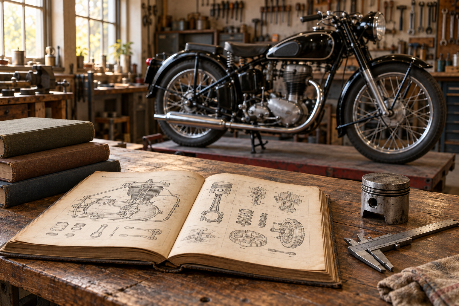 Ilustratīva restaurācijas darbnīca ar tehnisku grāmatu un klasisku motociklu.