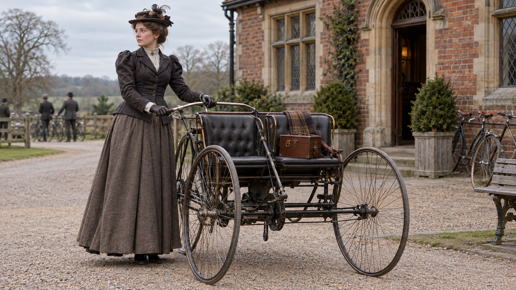 A woman beside a tricycle in a nineteenth-century British setting.