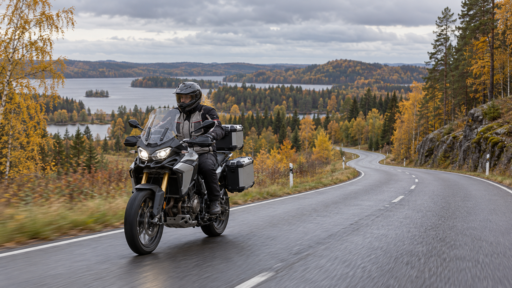 A motorcyclist riding a winding road through autumn forest and lake country