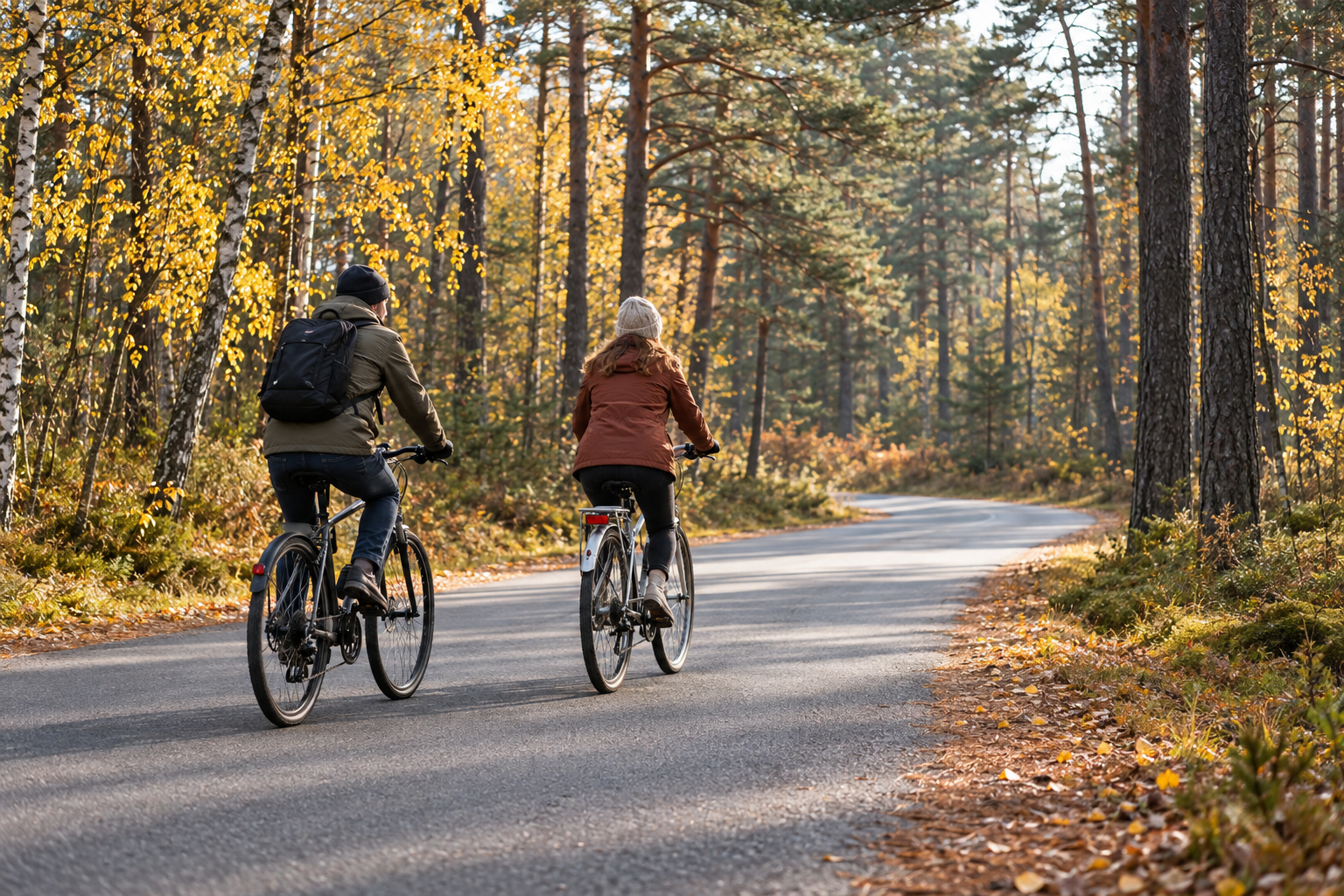 Divi velobraucēji pa asfaltētu ceļu rudens mežā