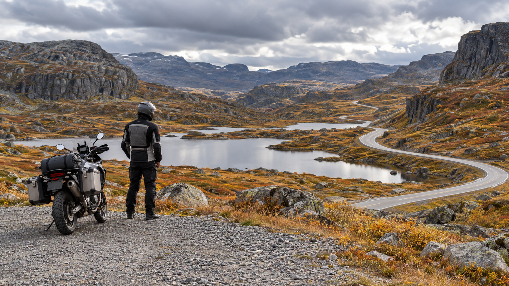 Motorcyclist beside a mountain road in Norway