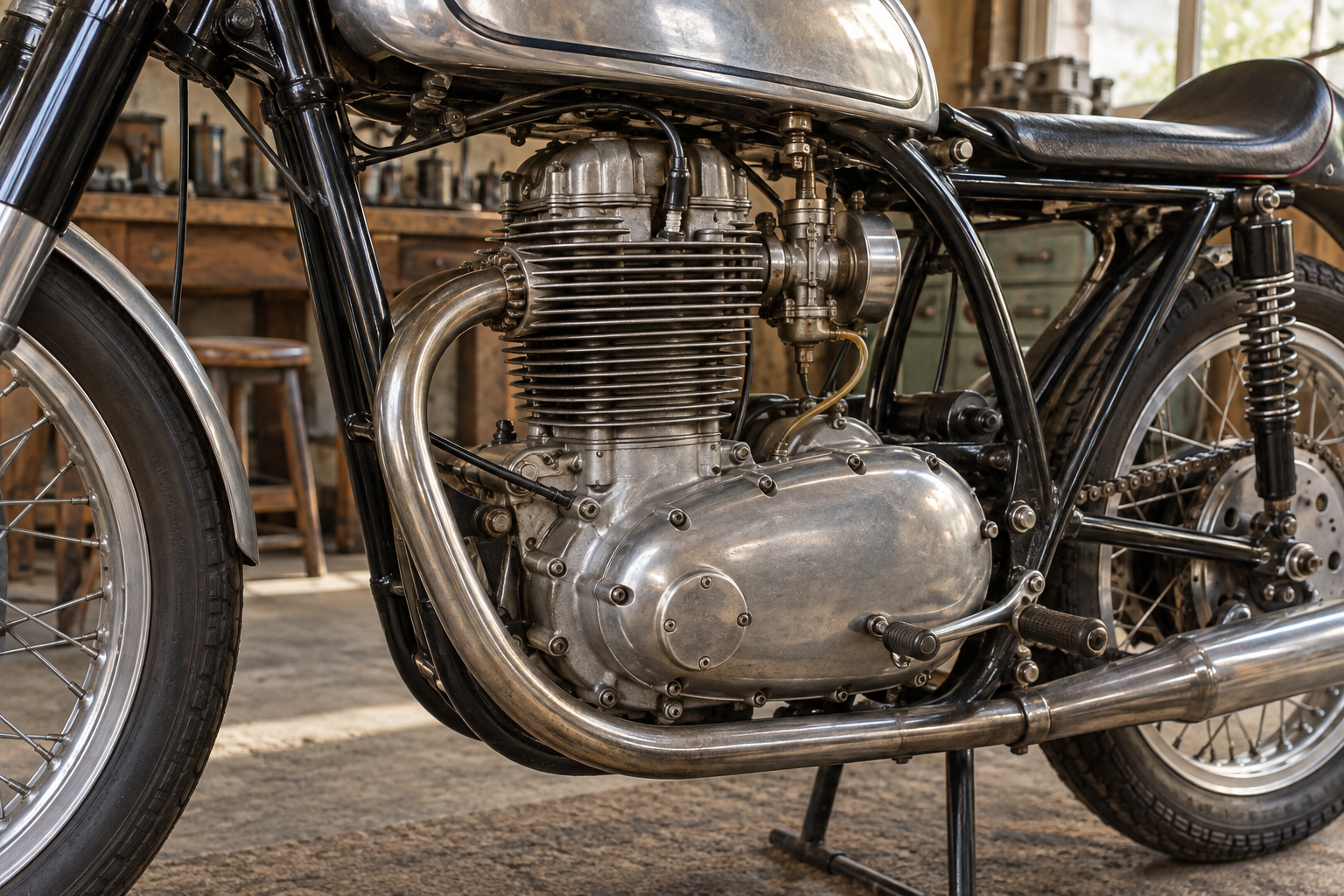 A classic-style motorcycle engine and tubular frame