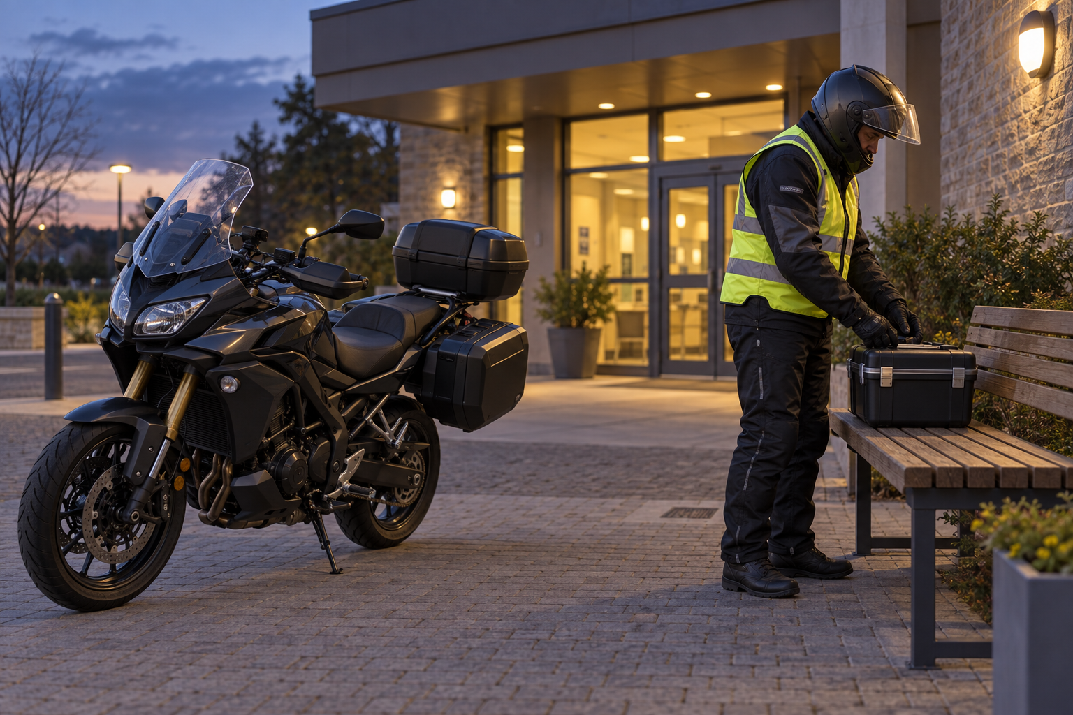 Illustrative scene: a motorcycle courier with a closed transport case