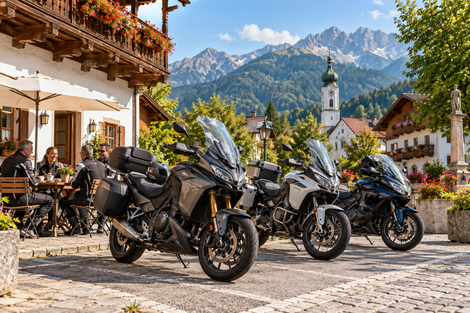 Touring motorcycles in a Bavarian Alpine village — an illustrative image.
