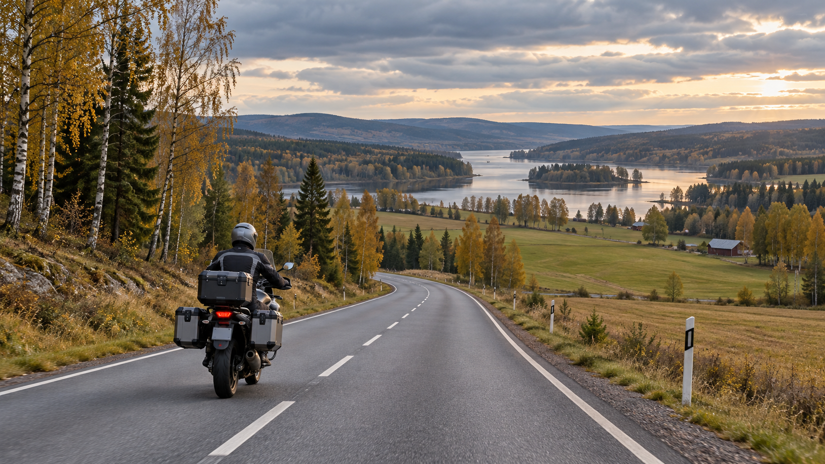 A motorcyclist on a winding rural road in an autumn Finnish landscape