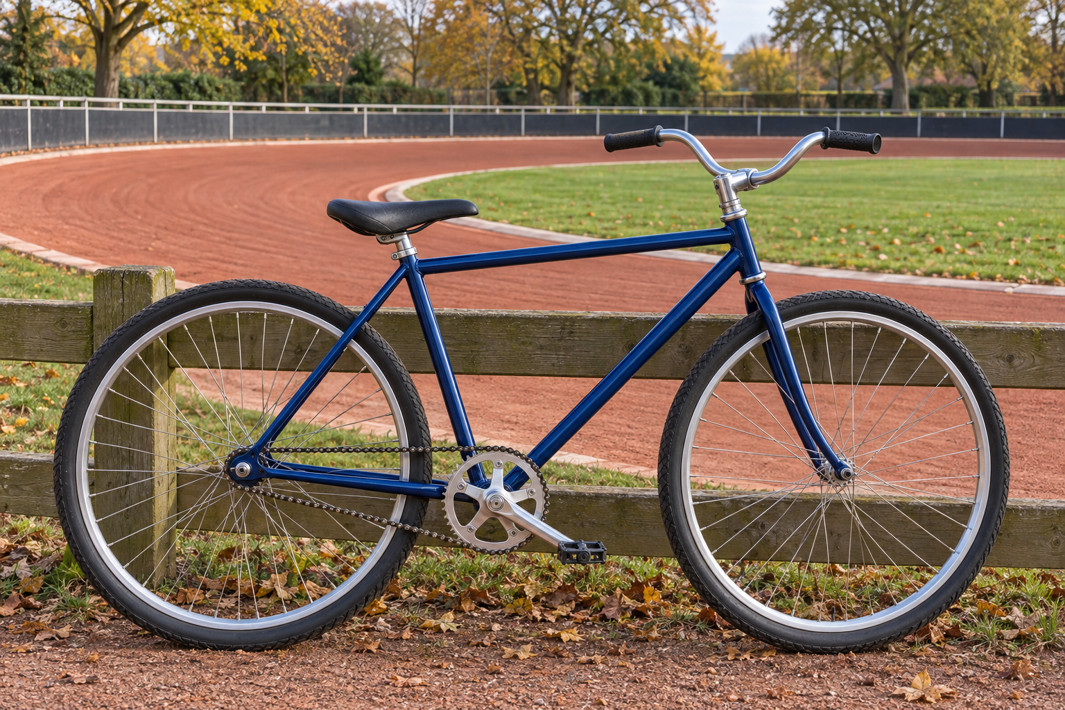Single-speed bicycle beside a red-surfaced oval track — an illustrative image.