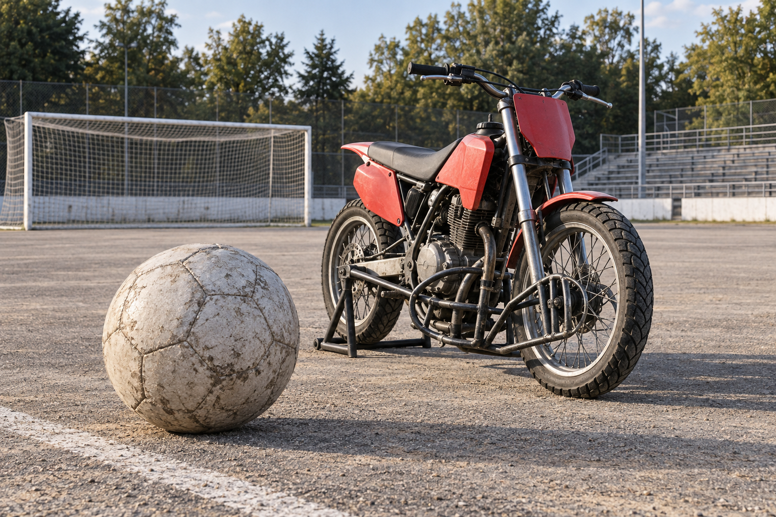 A motoball and motorcycle beside a goal on an empty pitch