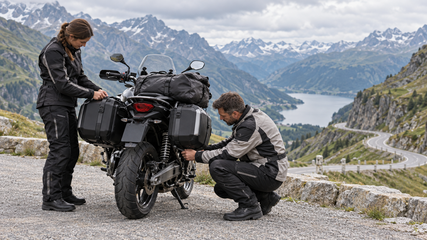 Divi motobraucēji pārbauda bagāžu uz motocikla kalnu ceļa pieturā