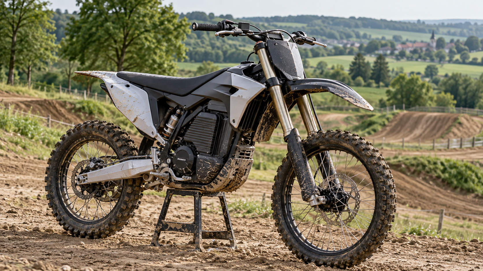 Electric motocross motorcycle beside a practice track