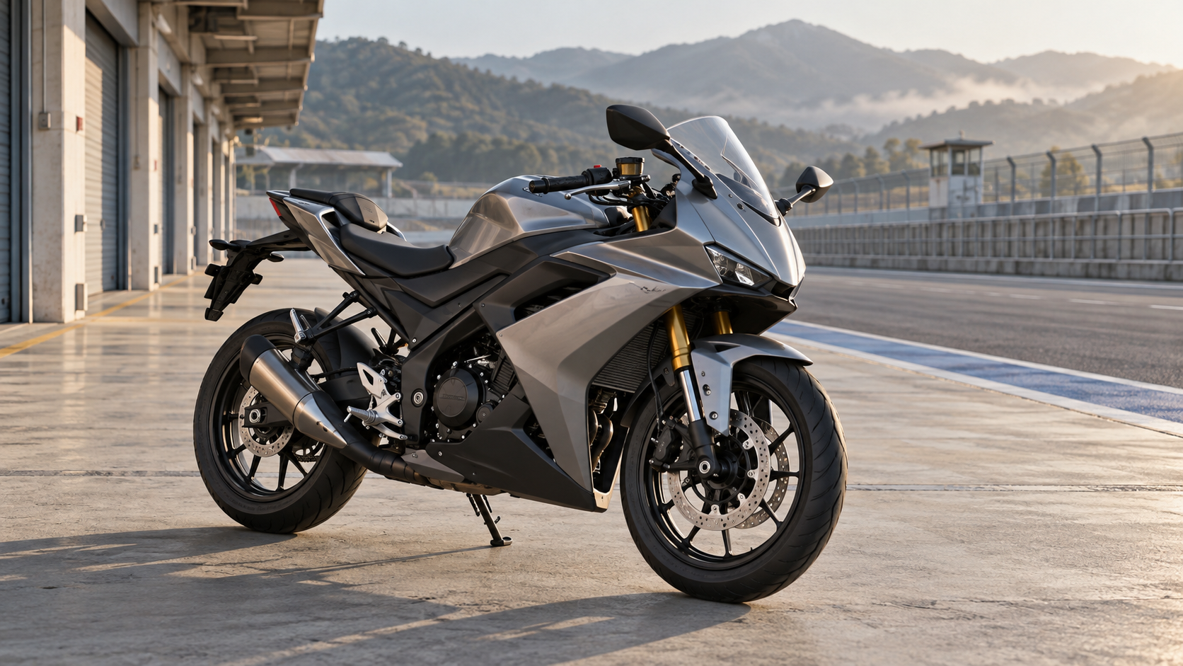 A compact sports motorcycle parked outside a racetrack garage