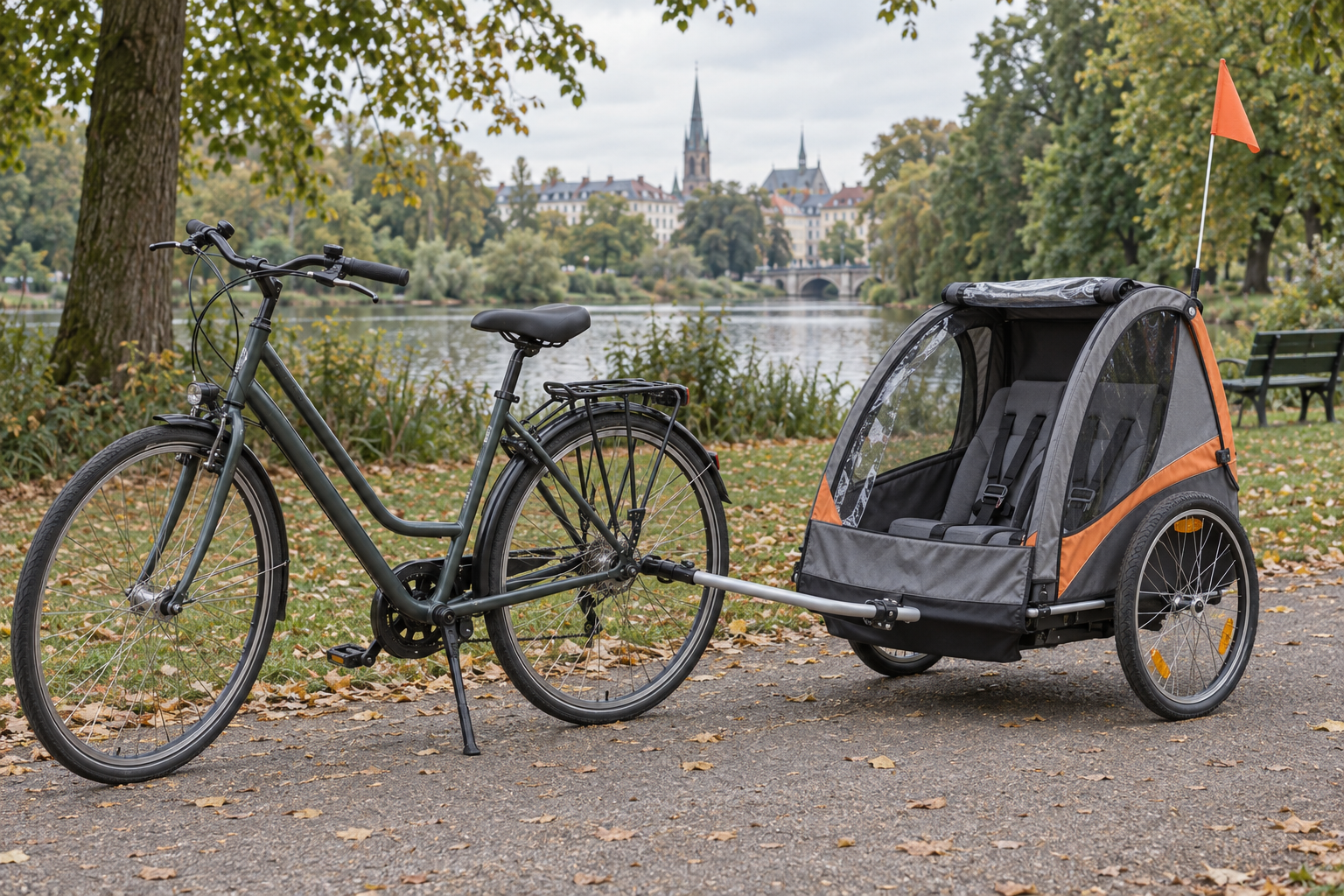 Velosipēds ar tukšu divvietīgu bērnu piekabi parkā