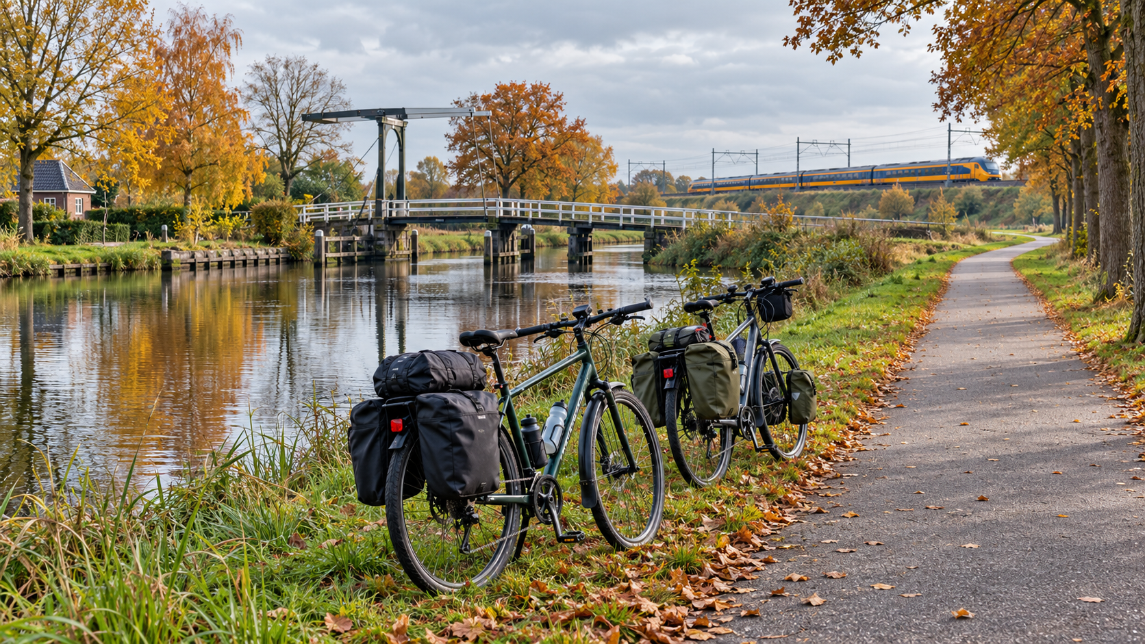 Touring bicycles beside a canal and cycle path