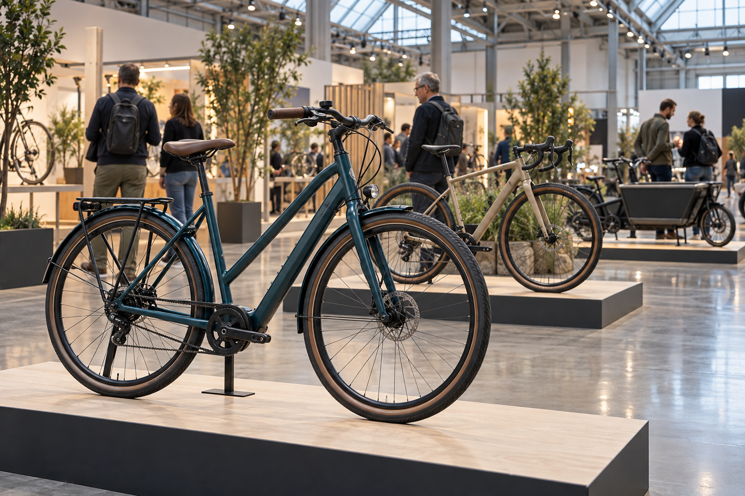 City, gravel and cargo bicycles in an exhibition hall — an illustrative scene.