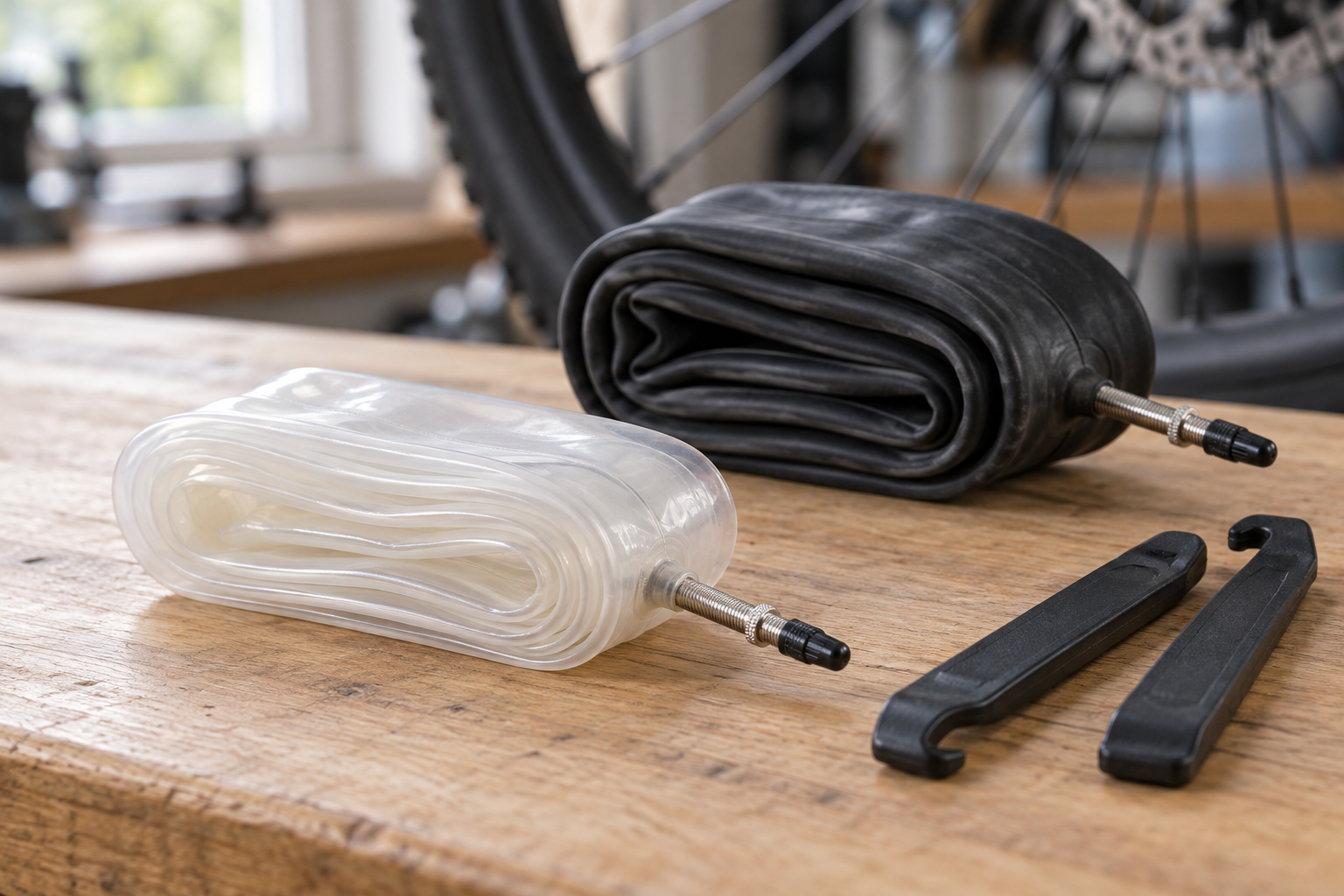 Folded translucent and black bicycle inner tubes beside tire levers