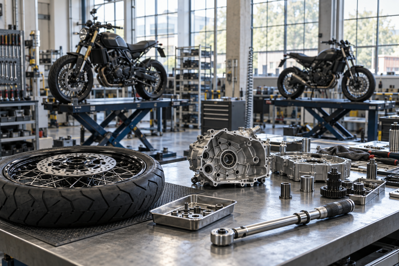 Motorcycle assembly workshop with components on a workbench.