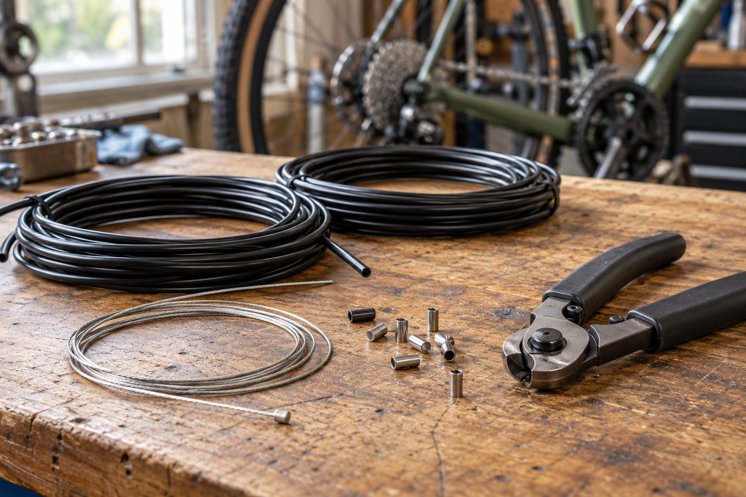 Cable housing, inner cables, ferrules and a cutter on a workbench; illustrative image