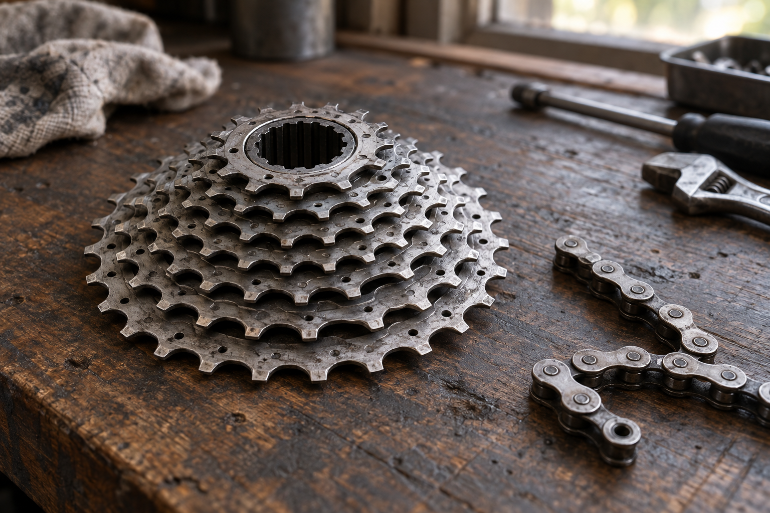 A bicycle cassette and chain on a workshop bench
