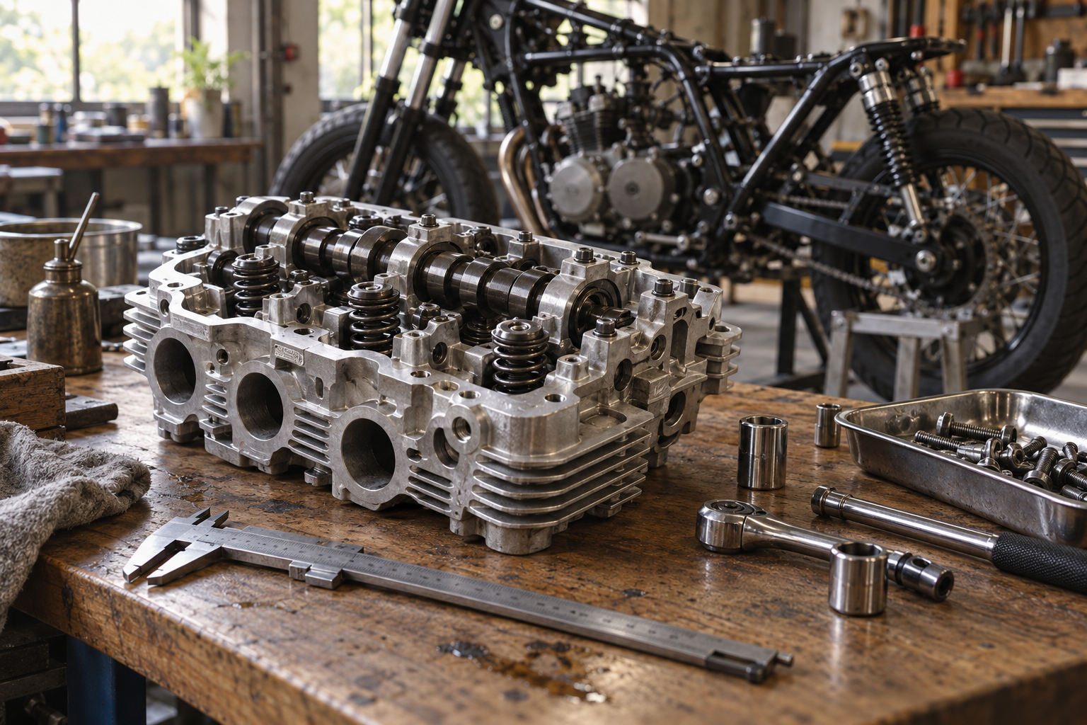 Illustrative motorcycle workshop scene: an engine component and precision tools on a workbench.