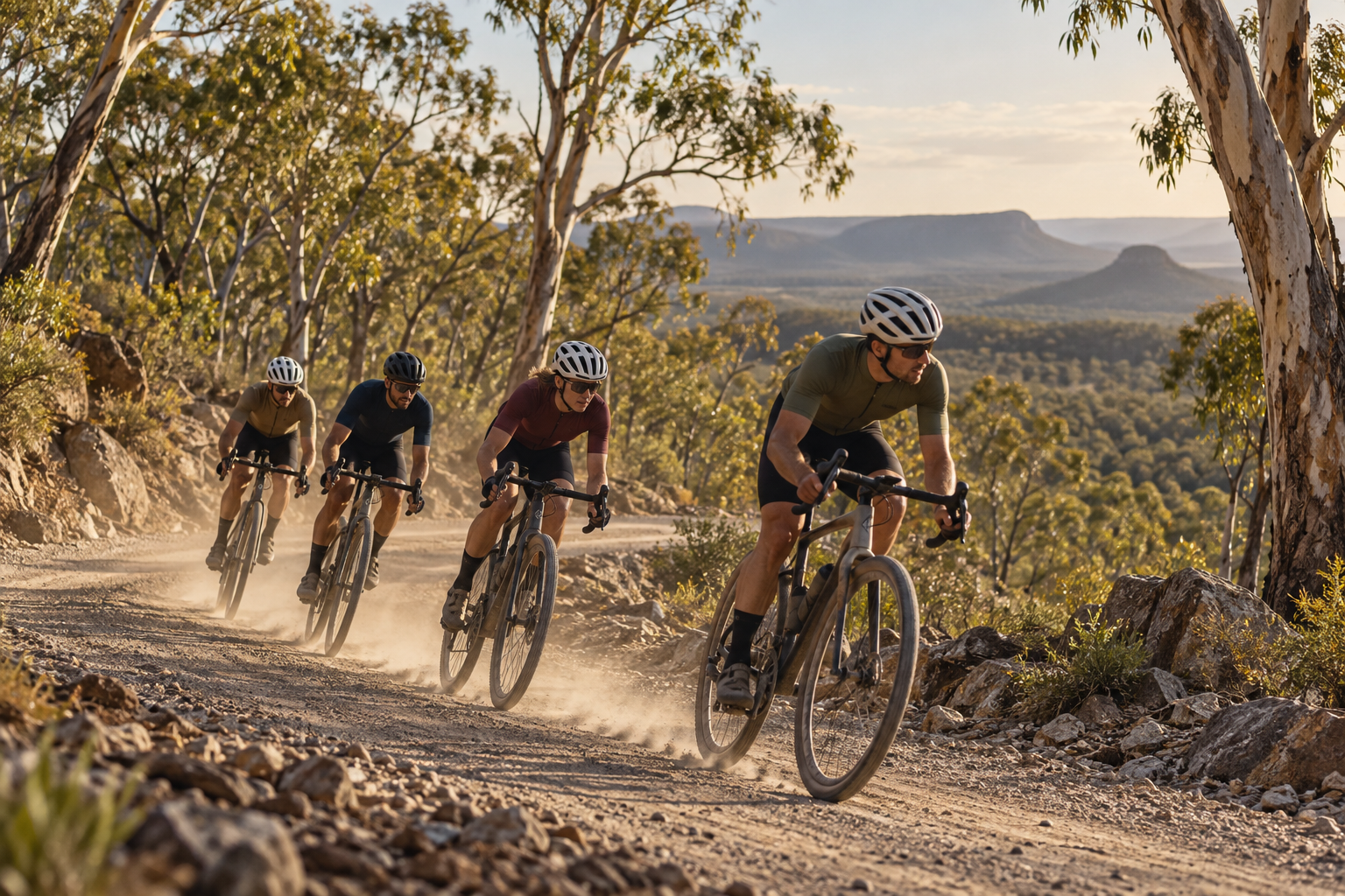 A group of gravel cyclists rides a dusty road through eucalyptus woodland