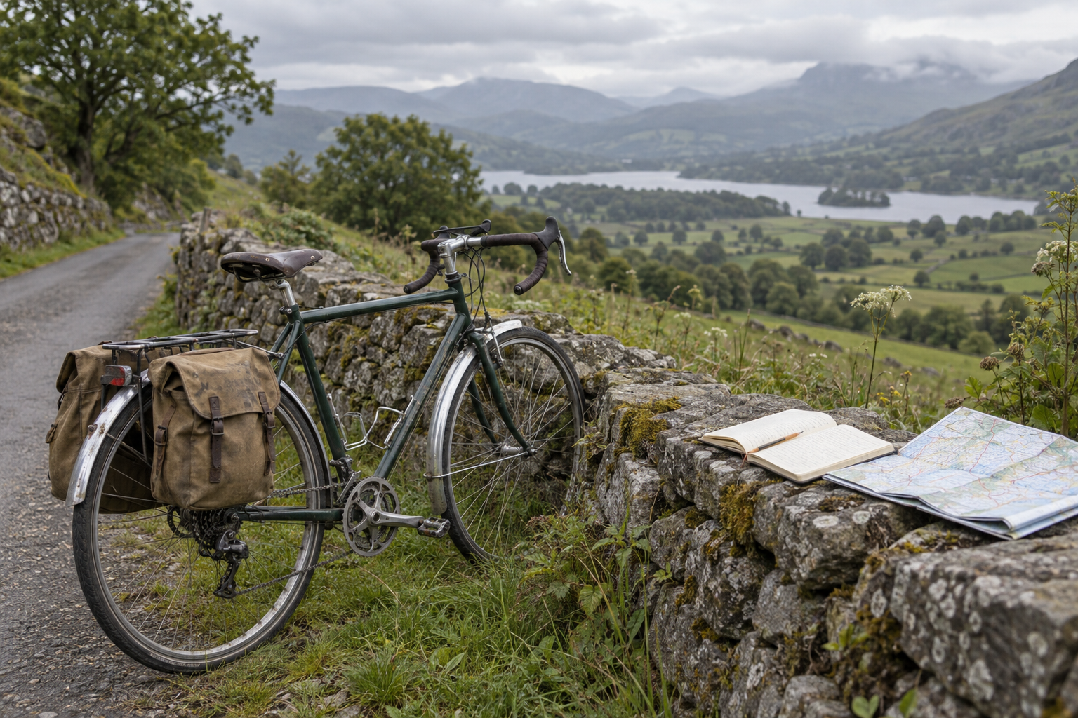 A touring bicycle beside a stone wall with a notebook and map