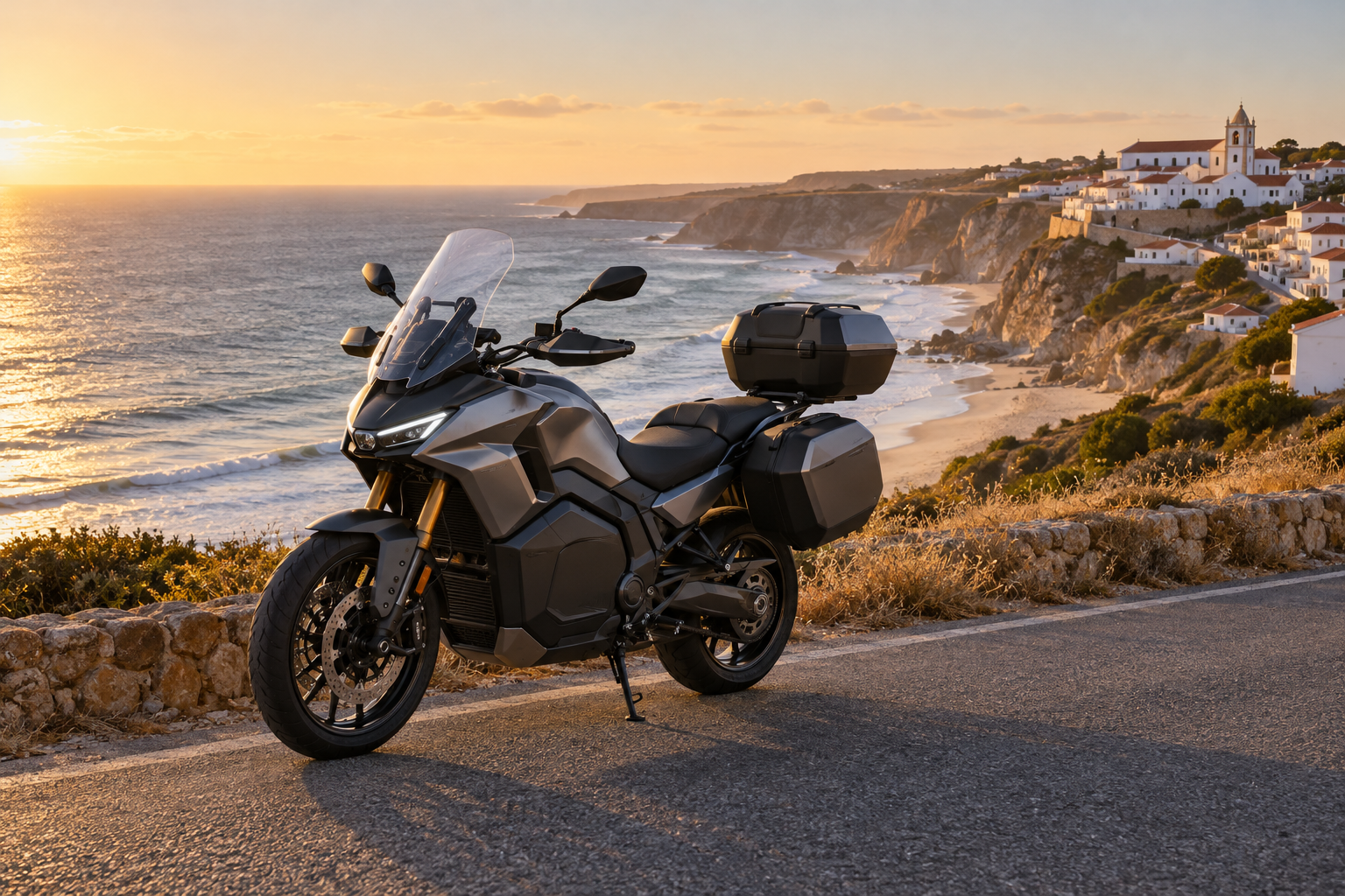 Electric touring motorcycle beside an Atlantic coastal road