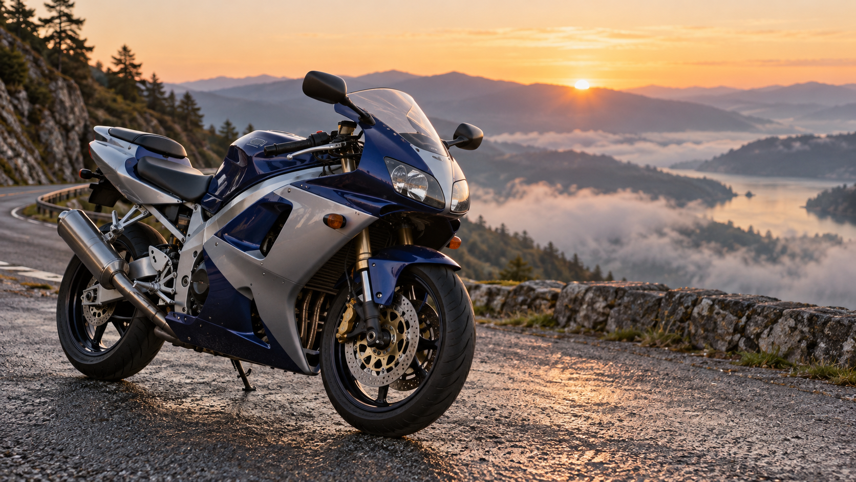 A late-1990s-style sport motorcycle on a mountain road