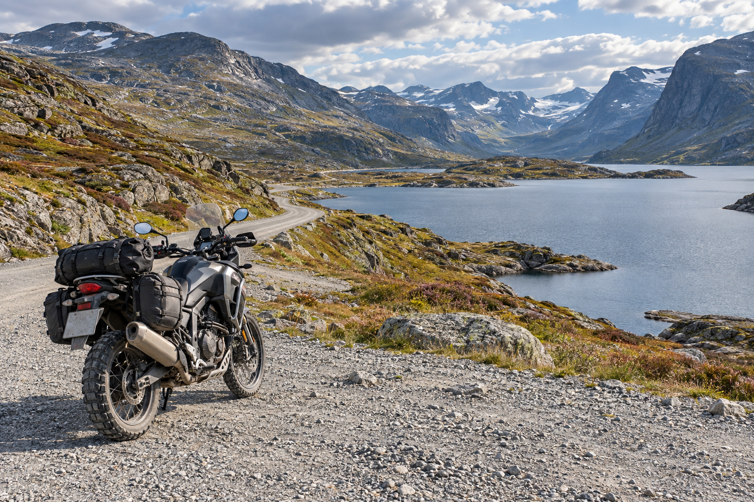 A touring motorcycle beside a mountain gravel road and lake — an illustrative image.