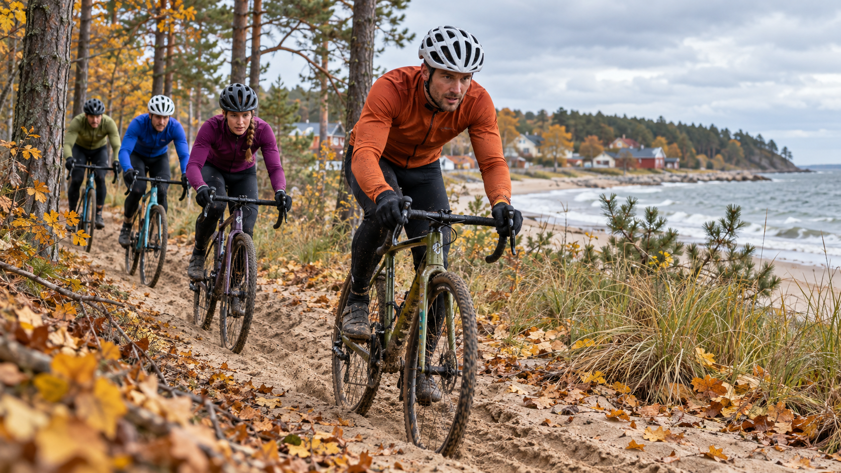 A group of cyclists in an autumn coastal landscape