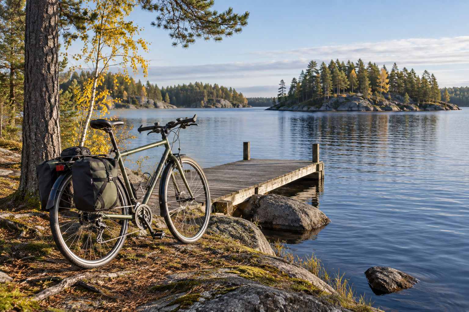 Illustrative Nordic lake scene with a touring bicycle beside a jetty