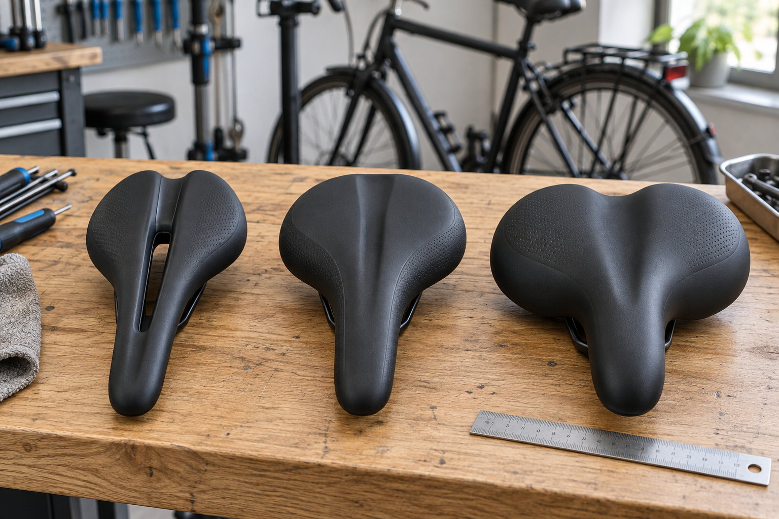 Illustrative comparison of bicycle saddles of different widths in a workshop.