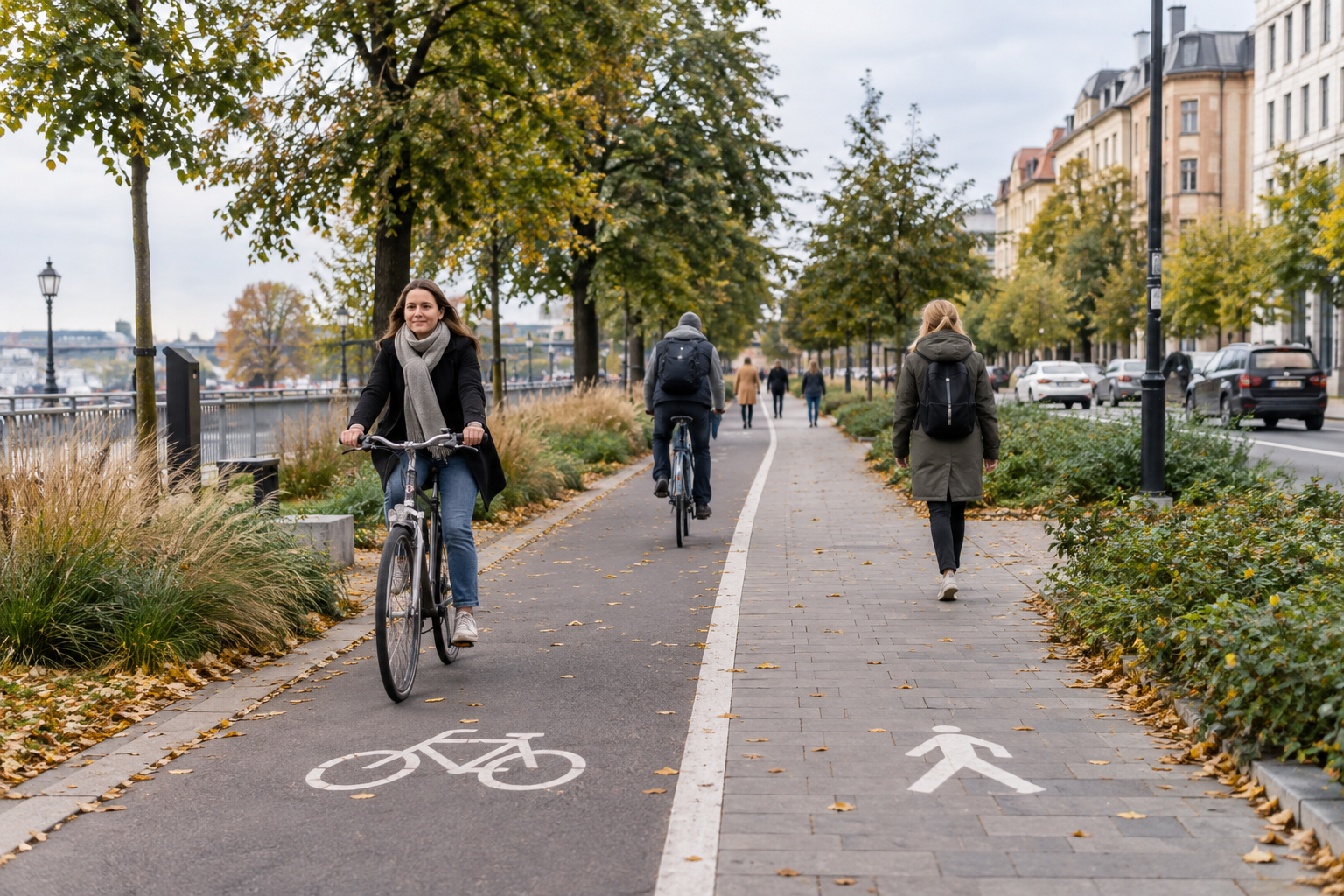 Cyclists and pedestrians on a separated path in an autumn city setting.