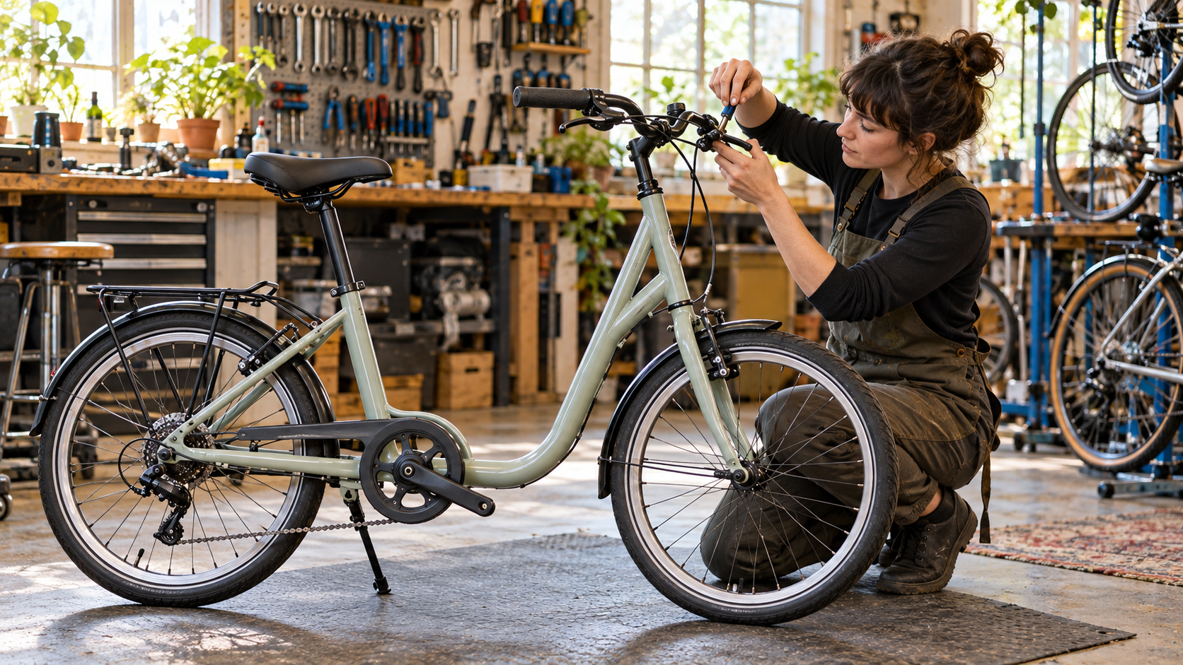 A mechanic adjusts the brake lever on a compact bicycle in a workshop.