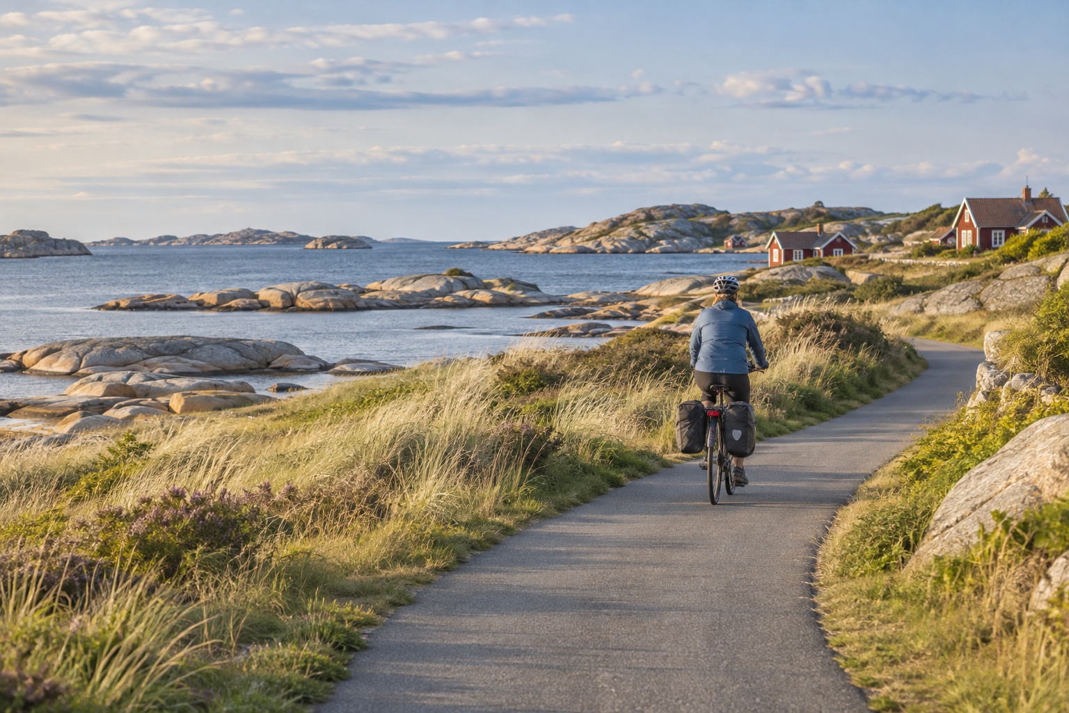 A touring cyclist with panniers on a coastal path