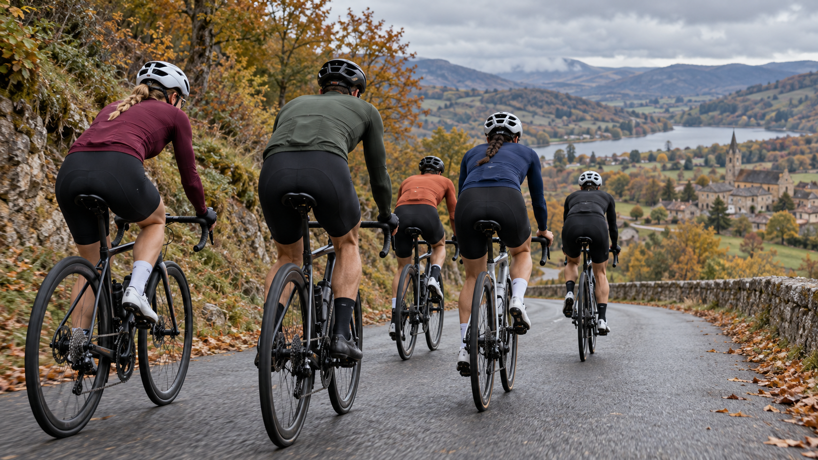 Group of road cyclists riding together in autumn