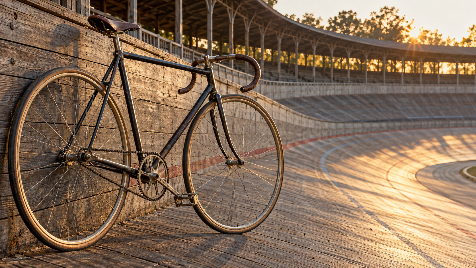 A classic track bicycle beside the boards of a velodrome