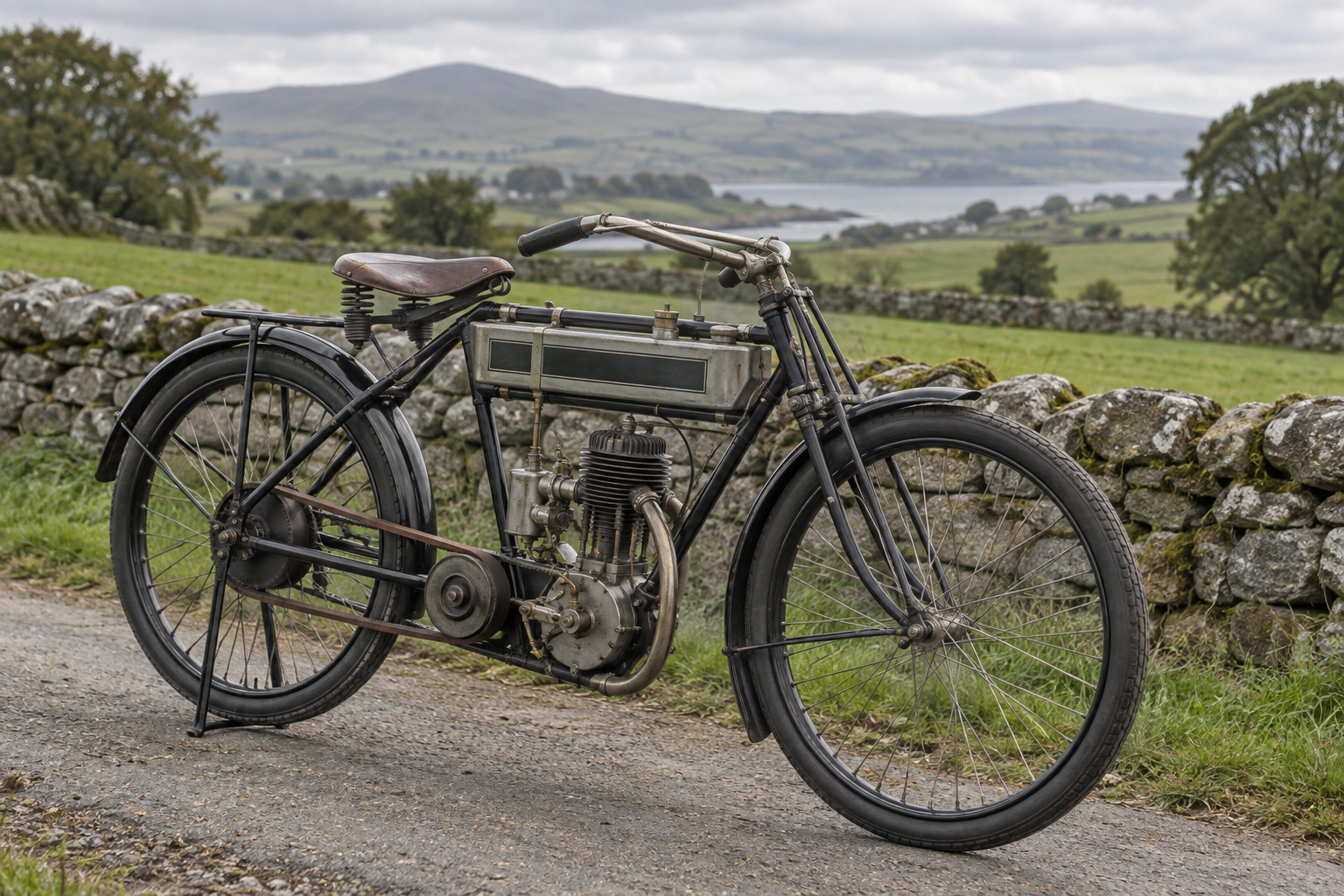 Illustrative early-1900s-style motorcycle beside a stone wall.