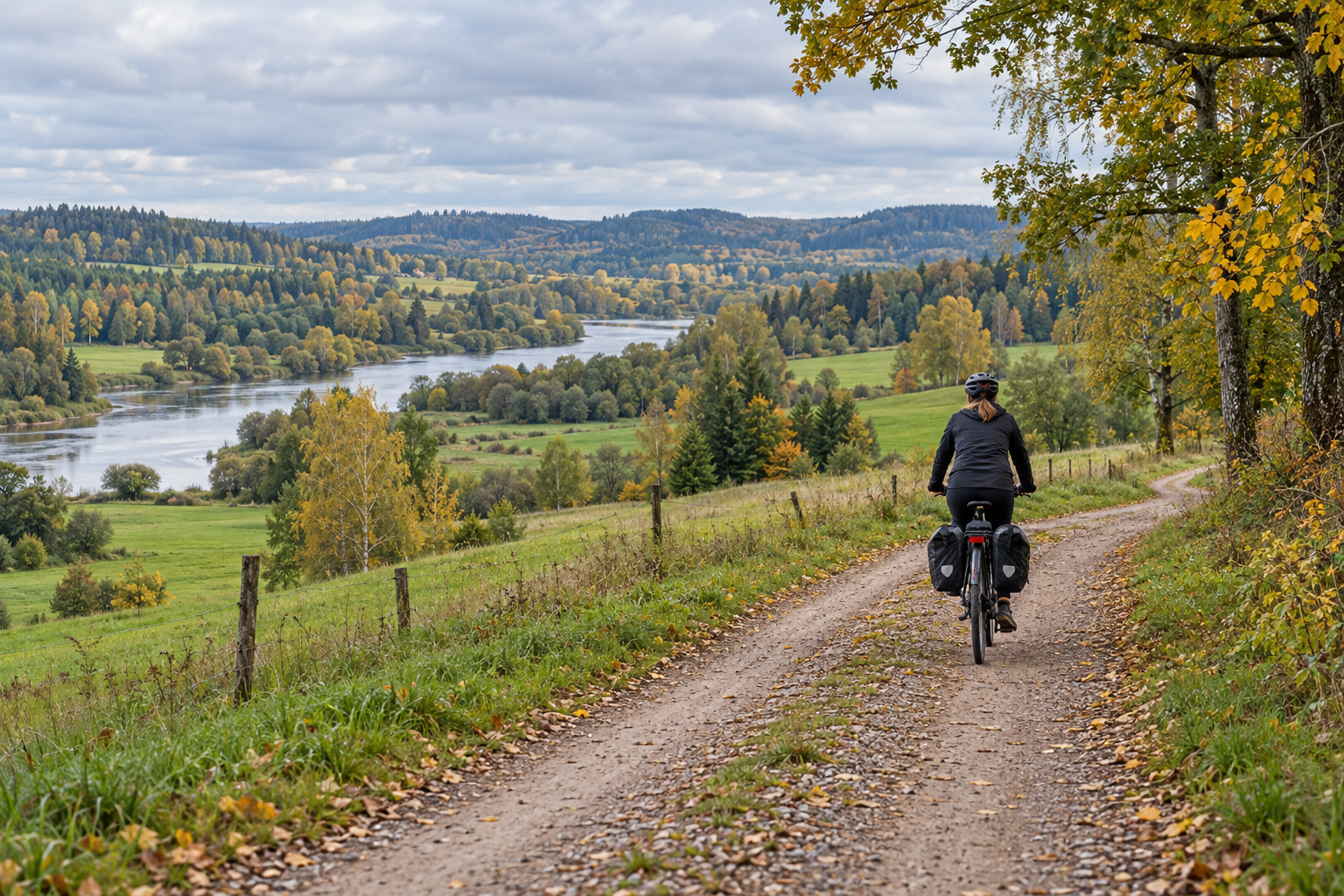 Велосипедист спускается по сельской дороге к речной долине осенью