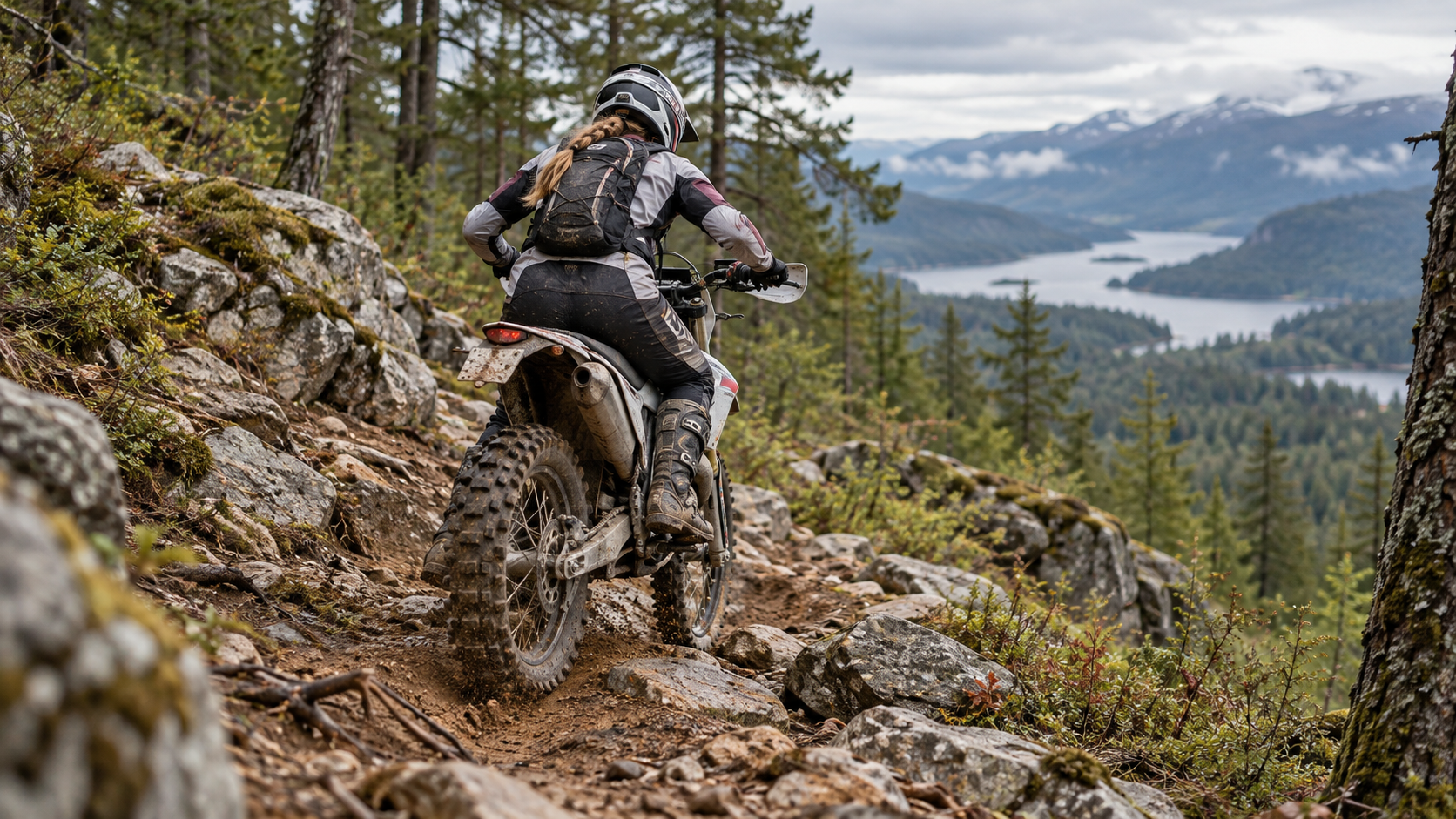 Enduro braucēja pārvar akmeņainu meža taku