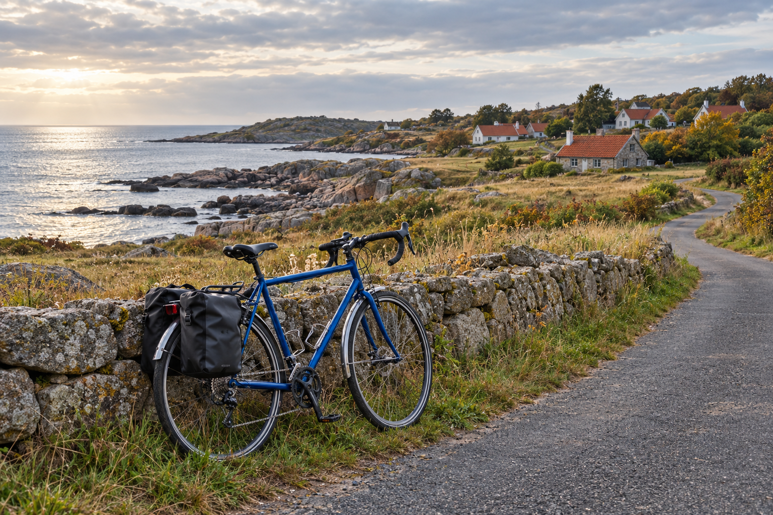 A touring bicycle beside a stone wall in a Baltic coastal landscape. Editorial illustration.