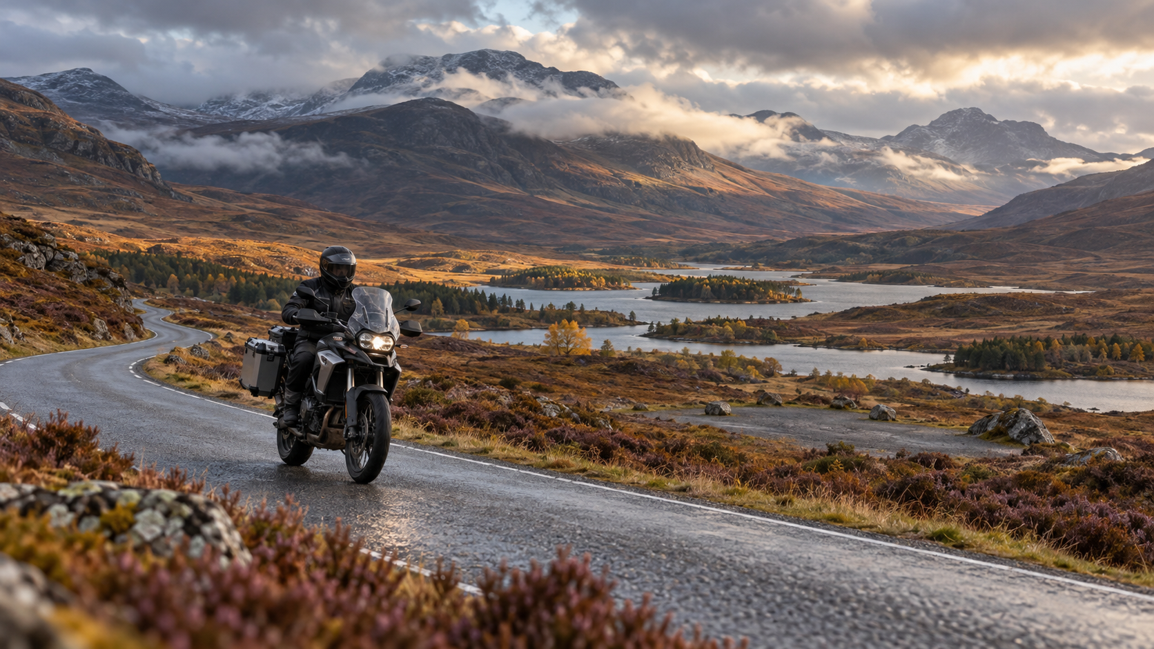Motociklists līkumainā ceļā starp Skotijas augstieņu kalniem