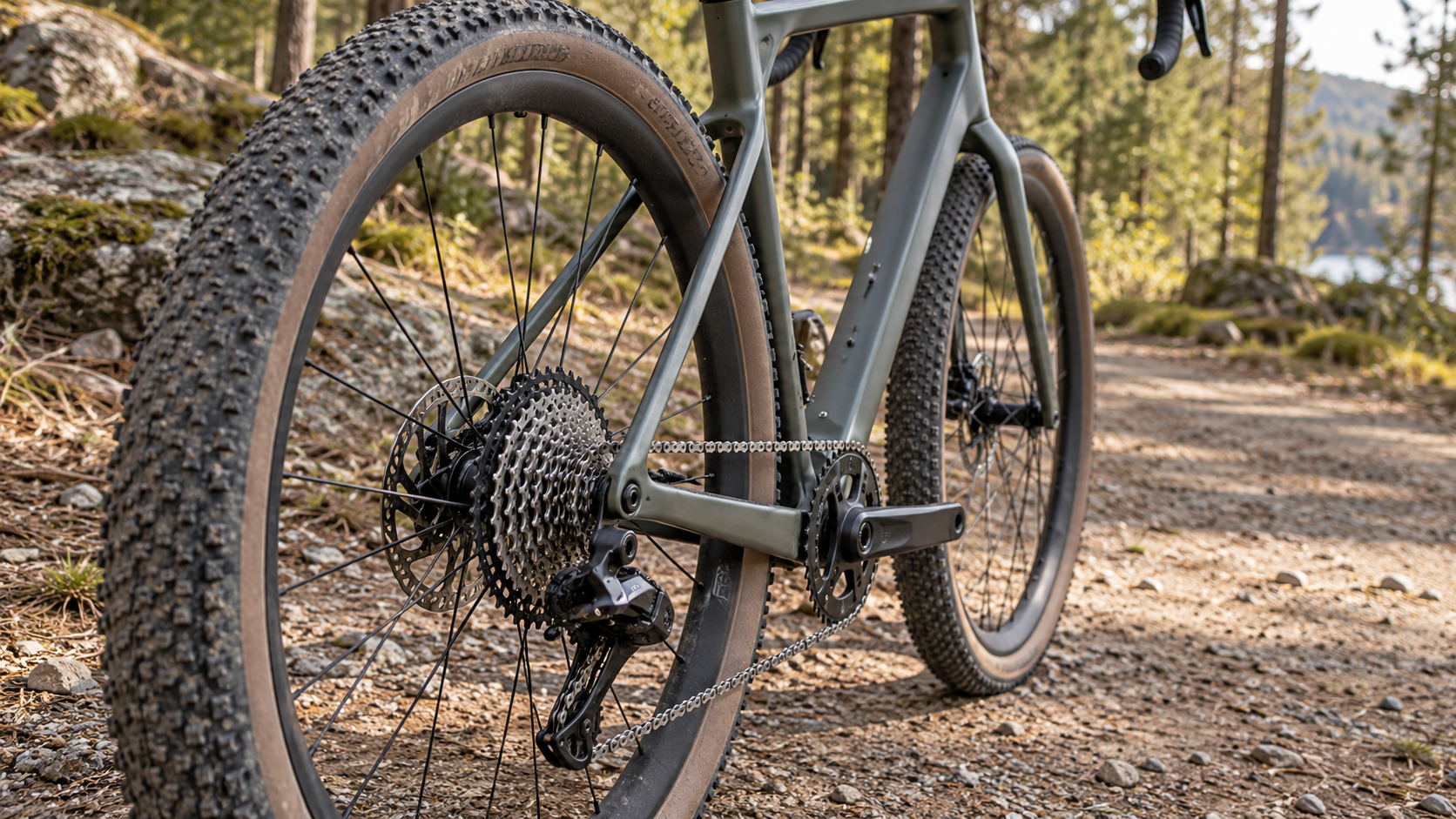 A gravel bicycle’s wide rear tyre and drivetrain beside a forest track.